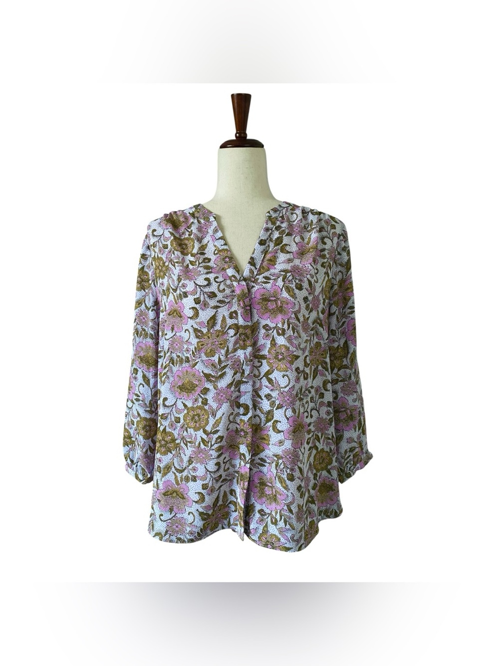NYDJ Blouse Top Women’s Small Floral 3/4 Sleeve V-Neck Pleated Casual